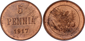 Russia - Finland 5 Pennia 1917
Bit# GSF4; With heraldic eagle; Copper 6.54 g.; UNC with red mint luster