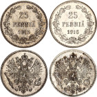 Russia - Finland 2 x 25 Pennia 1913 - 1916 S
Bit# 419, 421; Silver; UNC with full mint luster