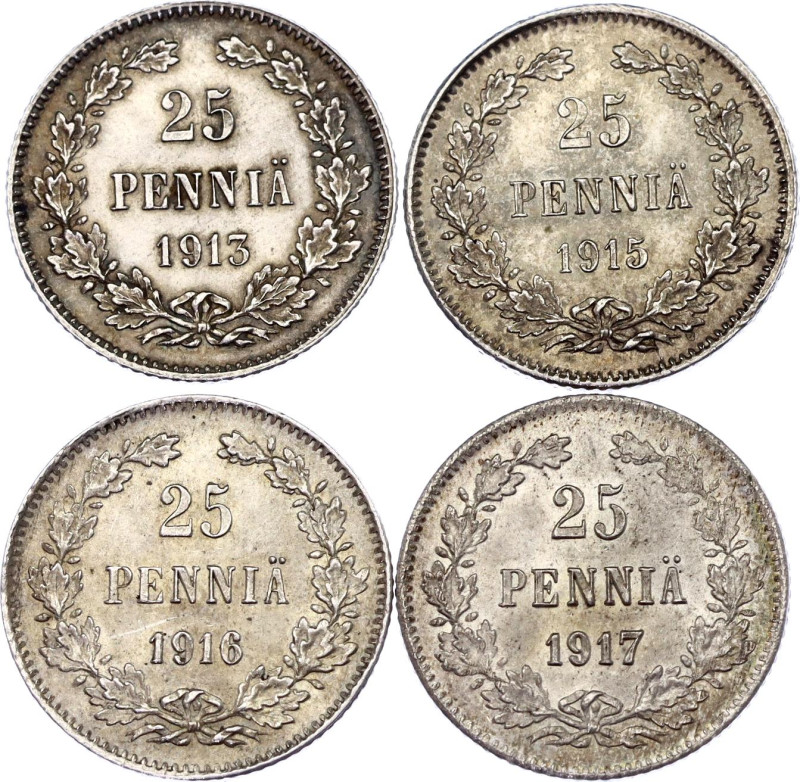 Russia - Finland 4 x 25 Pennia 1913 - 1917
Silver; UNC