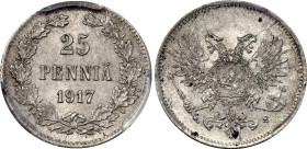 Russia - Finland 25 Pennia 1917 S PCGS MS65
Bit# GSF2, Conros# 486/29; Silver