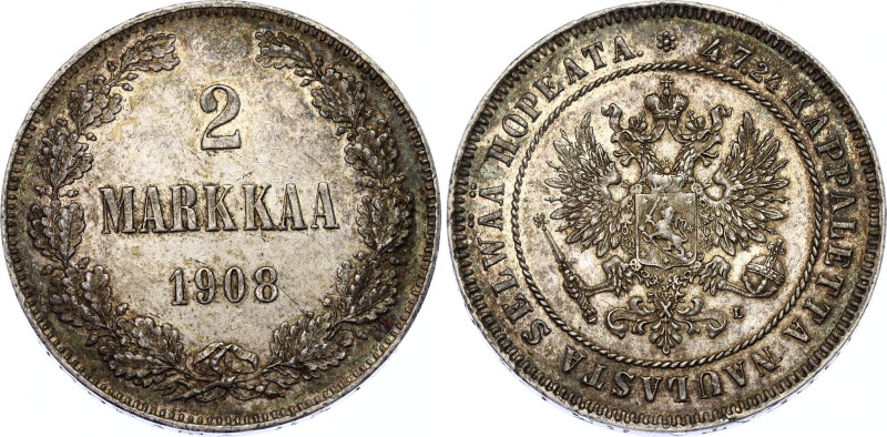 Russia - Finland 2 Markkaa 1908 L
Bit# 398, N# 32440; Silver 10.35 g.; Nicholas...