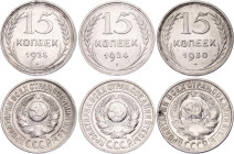 Russia - USSR 3 x 15 Kopeks 1924 - 1930
Y# 87, N# 10553; Silver; XF