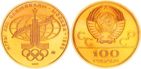 Russia - USSR 100 Roubles 1977 ММД
Y# A163, N# 49443; Gold (.900) 17.45 g.; 1980 Summer Olympics, Moscow - Olympic Logo; Mintage 21768; UNC Luster