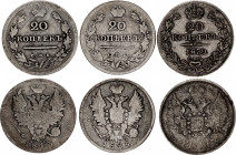 Russia 3 x 20 Kopeks 1813 - 1839
Various Dates, Denominations & Emperors; Silver; F-VF