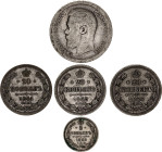 Russia 5 - 3 x 20 - 50 Kopeks 1861 - 1897
Various Dates, Denominations & Emperors; Silver; F-XF