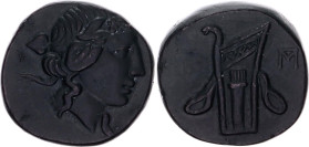 Ancient Greece Bosporos Obol 80 - 70 BC
McDonald# 180/21; Copper 17.24 g.; Obv: Head of Dionis right. Rev: Bowcase. Monogram; Tooled and smoothed; XF