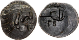 Ancient Greece Pantikapaion Dihalk 109 - 105 BC
Mac Donald# 72; Copper 4.34 g.; Obv: Head of Young Pan (Satyr) right. Rev: Bow. PAN TI.; VF