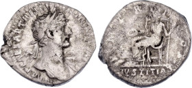 Roman Empire Hadrian Denarius 117 AD Justitia
RIC# 42a, N# 254690; Silver 3.03 g.; Obv: IMPCAESARTRAIANHADRIANVSAVG. Bust of Hadrian, laureate, bare ...