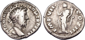 Roman Empire Marcus Aurelius Denarius 174 AD Felicitas
RIC# 304, N# 262973; Silver 2.72 g.; Obv: MANTONINVSAVGTRPXXVIII - Laureate head right. Rev: I...