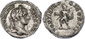 Roman Empire Caracalla Denarius 208 AD Mars
RIC# 100, N# 273161; Silver 3.35 g.; Obv: ANTONINVSPIVSAVG - Laureate head right. Rev: PONTIFTRPXICOSIII ...