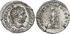 Roman Empire Caracalla Denarius 213 AD Providentia
RIC# 227d, N# 273349; Silver 2.84 g.; Obv: ANTONINVSPIVSAVGBRIT - Laureate head right. Rev: PROVID...