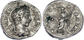 Roman Empire Elagabalus Denarius 218 - 222 AD Providentia
RIC# 128b, N# 276752; Silver 2.64 g.; Obv: IMPANTONINVSAVG - Laureate, draped bust right. R...
