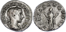 Roman Empire Gordian III Denarius 240 AD Pietas
RIC# 129, N# 280859; Silver 3.61 g.; Obv: IMPGORDIANVSPIVSFELAVG - Laureate, draped and cuirassed bus...