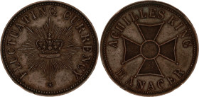 Australia Copper Token "Achilles King Manager / Fluctuating Currency" 1880 s (ND)
Copper; By Stokes & Martin; Obv: Achilles King Manager / Rev: Fluct...
