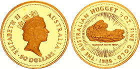 Australia 50 Dollars 1986
KM# 91, Fr# B2, N# 302966; Gold (.999) 15.55 g., Proof; Elizabeth II; Australian Nugget; Perth Mint; Mintage 15000