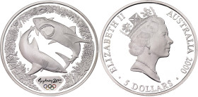 Australia 5 Dollars 2000 (1998) C
KM# 372, N# 48124; Silver., Proof; Elizabeth II; 2000 Summer Olympics Sydney - Great White Sharks & Coral; Canberra...