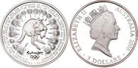 Australia 5 Dollars 2000 (1998) P
KM# 382, N# 52061; Silver., Proof; Elizabeth II; 2000 Summer Olympics Sydney - Kangaroo & Grasstrees; Perth Mint
