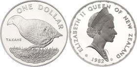 New Zealand 1 Dollar 1982
KM# 51a, N# 66609; Silver., Proof; Native Birds - Takahe Bird; Mintage 17000 pcs.