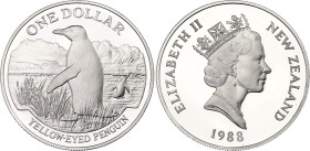 New Zealand 1 Dollar 1988
KM# 66a, N# 29430; Silver., Proof; Native Birds - Yellow-eyed Penguin; Mintage 10000 pcs.