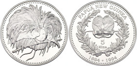 Papua New Guinea 5 Kina 1994 (ND)
KM# 37; Silver., Proof; Centennial of First Coinage - Raggiana Bird of Paradise; Mintage 7500