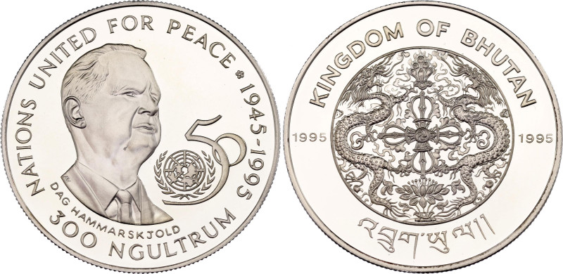 Bhutan 300 Ngultrums 1995
KM# 80, N# 95214; Silver., Proof; Jigme Singye; 50th ...