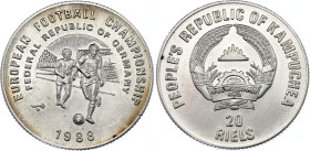Cambodia 20 Riels 1988
KM# 78, N# 186101; Silver; European Football Championship - Germany 1988; Havana Mint; Mintage 5000; UNC