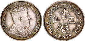 Hong Kong 5 Cents 1905 H
KM# 12, N# 18653; Silver; Edward VII; XF/AUNC with minor hairlines & nice toning