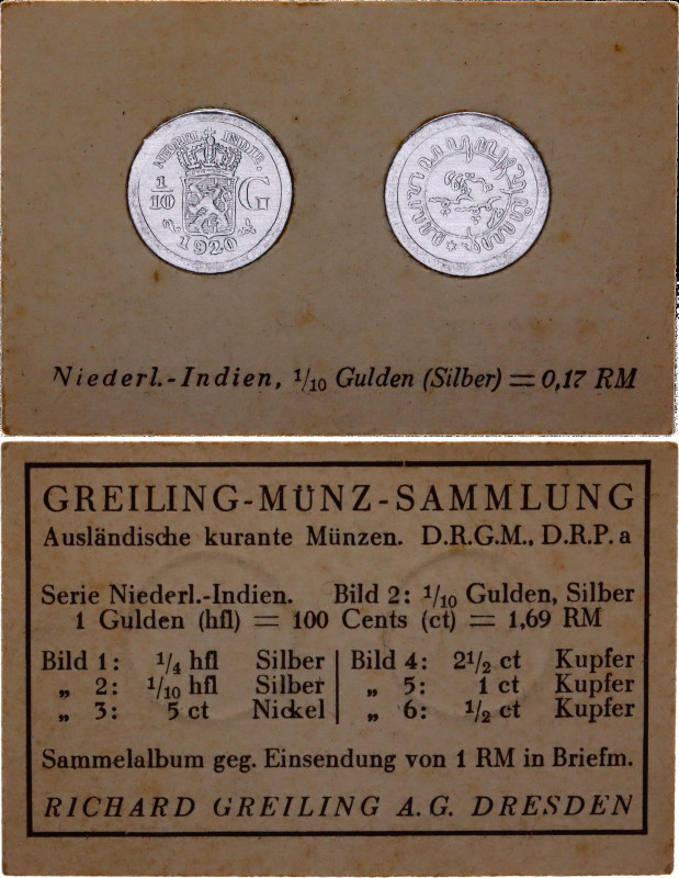 Netherlands East Indies 1/10 Gulden 1920 German Collector's Coin Card
KM# 311, ...