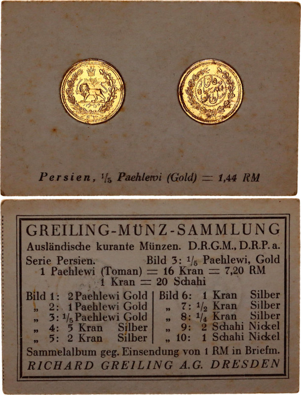 Iran 1/5 Toman 1912 AH 1330 German Collector's Coin Card
KM# 1066, N# 63492; Fo...