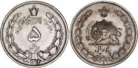 Iran 5 Rials 1934 AH 1313 Overdate
KM# 1131, N# 8950; Silver; Rezā Pahlavī; UNC