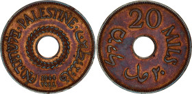 Palestine 20 Mils 1944
KM# 5a, Schön# 5a, Aharoni# 5, N# 16464; Bronze; British Administration; London Mint; AUNC