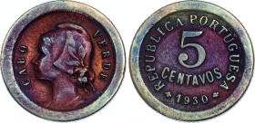 Cabo Verde 5 Centavos 1930
KM# 1, N# 7686; Bronze; XF with artificial patina