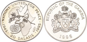 Gambia 20 Dalasis 1995
KM# 37, Schön# 41, N# 35143; Silver., Proof; 50th Anniversary of the United Nations; UNC