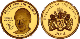 Gambia 200 Dalasis 2014
N# 57976; Gold (0.999) 0.5 g., 11 mm., Proof; Nelson Mandela, Peace for the World; With original package & certificate