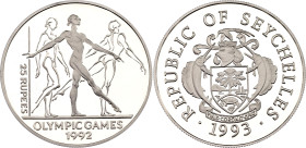 Seychelles 25 Rupees 1993
KM# 70, Schön# 69, N# 48931; Silver., Proof; 1992 Summer Olympics, Barcelona - Gymnastics; Mintage 40000