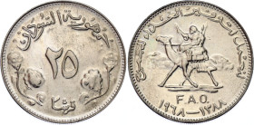 Sudan 25 Ghirsh 1968 AH 1388
KM# 38, Schön# 9, N# 20797; Copper-nickel; FAO; Mintage 20000; UNC Prooflike