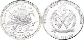Western Sahara 500 Pesetas 1992
KM# 9.1; Silver., Proof; Meeting of Two Worlds (5th Centennial of the Discovery of America)