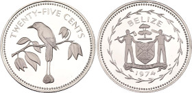 Belize 25 Cents 1974 FM
KM# 41a, N# 34525; Silver., Proof; Blue-crowned motmot; The Franklin Mint, Wawa; Mintage 31000