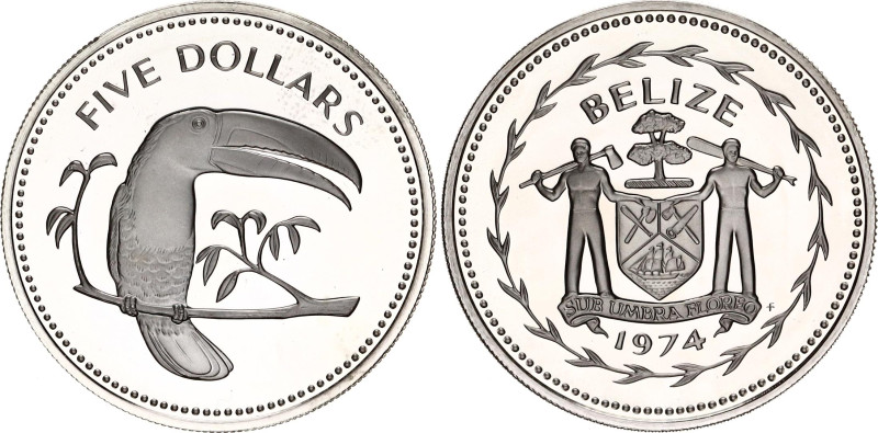 Belize 5 Dollars 1974 FM
KM# 44a, N# 21400; Silver., Proof; Avifauna of Belize ...