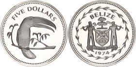 Belize 5 Dollars 1974 FM
KM# 44a, N# 21400; Silver., Proof; Avifauna of Belize - Keel-billed Toucan; Mintage 31000 pcs.