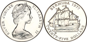 Bermuda 25 Dollars 1977 CHI
KM# 25, N# 15327; Silver., Prooflike; 25th Anniversary of the Accession of Queen Elizabeth II, with original certificate;...