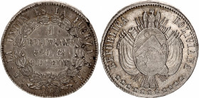 Bolivia 1 Boliviano 1868 PTS FE
KM# 152.2, N# 48049; Silver; Potosi Mint; AUNC Toned