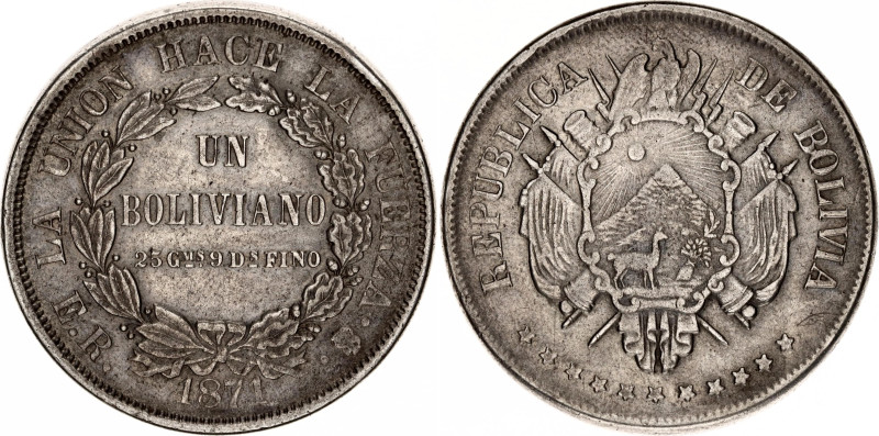 Bolivia 1 Boliviano 1871 PTS ER
KM# 155.3, N#23868; Silver; Potosi Mint; XF+ To...