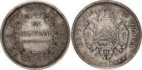 Bolivia 1 Boliviano 1871 PTS ER
KM# 155.3, N#23868; Silver; Potosi Mint; XF+ Toned