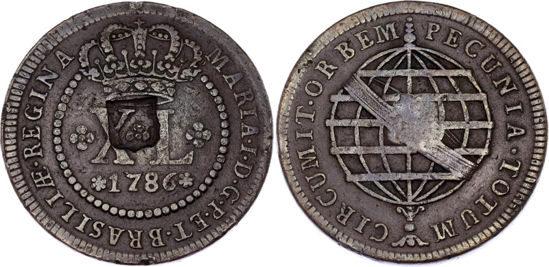 Brazil 80 Reis 1786 Counterstamped on 40 Reis
KM# 290, N# 92053; Maria I; XF, w...