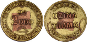 Brazil Pernambuco Uzina Tiuma Brass Token № 2000 1930 -th
N# 138724; Brass 8.71 g., 32.5 mm.; Tiuma Power Plant Token; XF