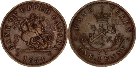 Canada Bank of Upper Canada 1 Penny 1854 Token Coinage
KM# Tn3, CCT# PC-6C1, N# 1121; Copper 16.33 g., 33 mm.; Bank of Upper Canada; UNC