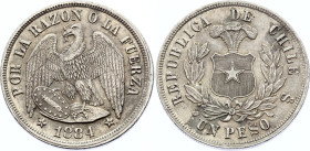 Chile 1 Peso 1884 So
KM# 142.1; Silver; XF