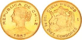 Chile 100 Pesos 1957 So
KM# 175, N# 34941; Gold (.900) 20.34 g.; Santiago Mint; Mintage 40000; UNC Luster