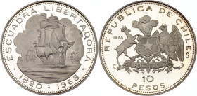Chile 10 Pesos 1968 So
KM# 183, N# 20714; Silver., Proof; Arrival of Liberation Fleet in 1820 under command of Lord Cochrane; Santiago Mint; Mintage ...
